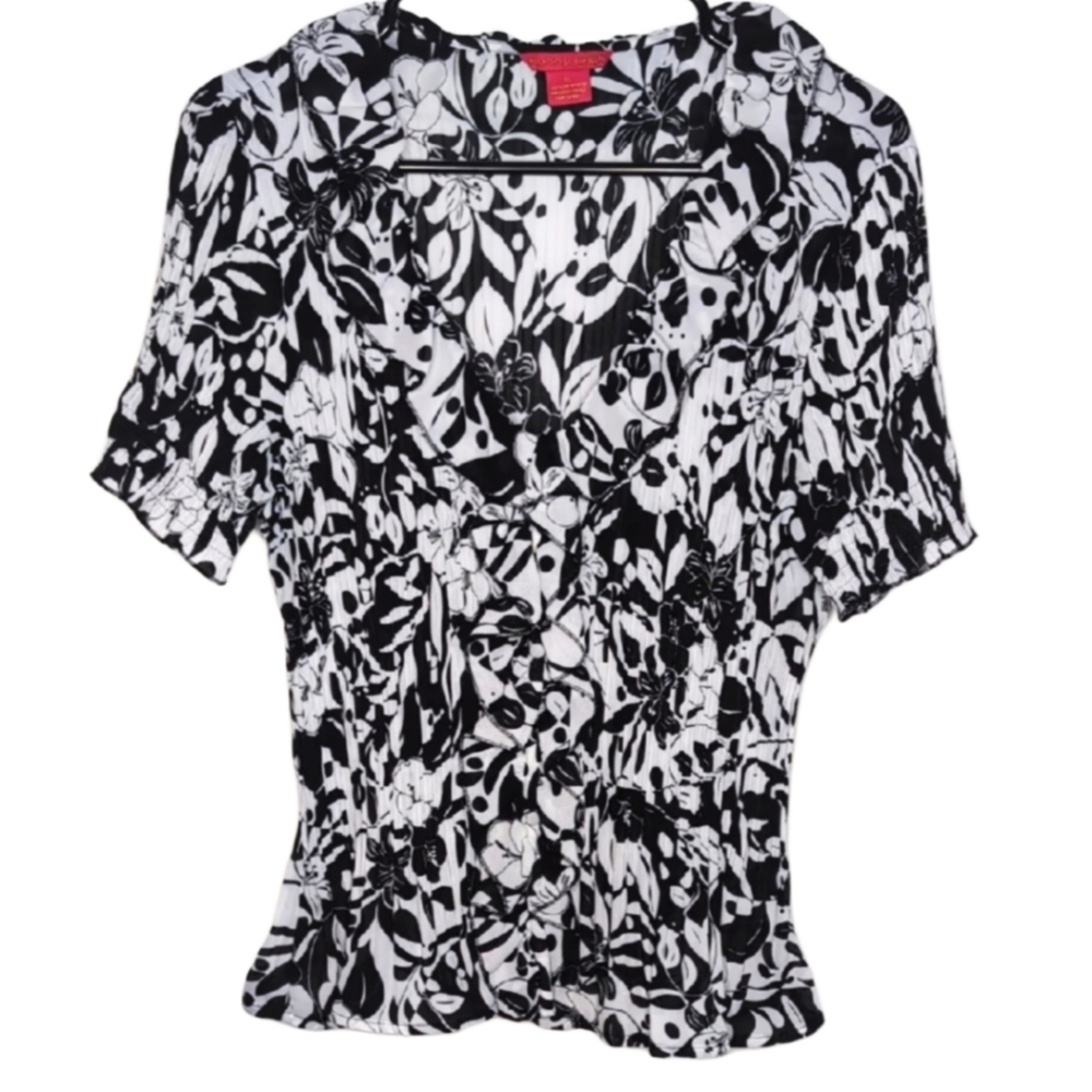 Vintage Sunny Leigh Women's Extra Large Black White Floral Pattern Crinkle Top